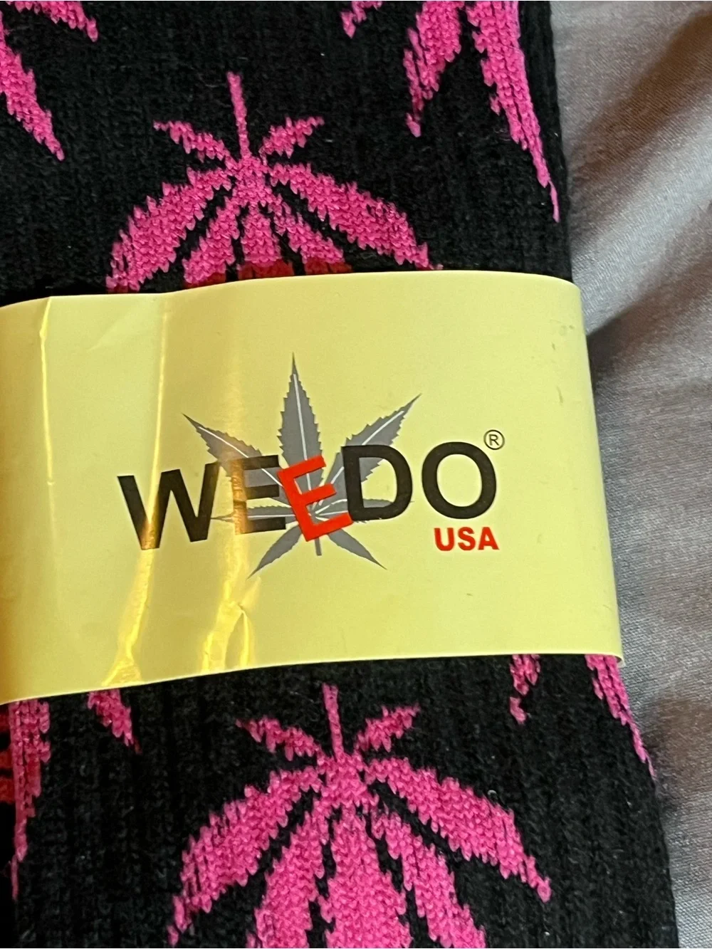 Black Crew Socks with Pink Leaf Motif
